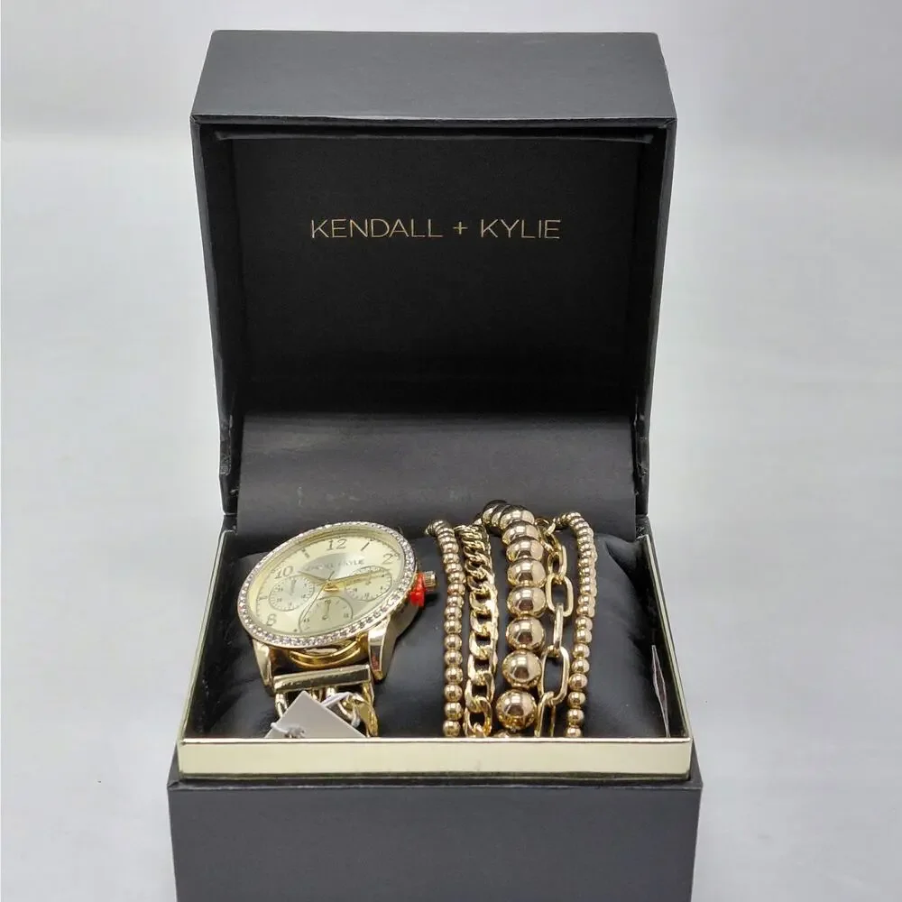 Kendall + Kylie Womens Gold Tone Watch Bracelet Set Crystal Bezel Gift Jewelry